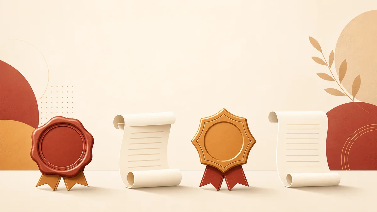Two wax certification seals beside two unsealed scrolls, illustrating that only SOC 2 and ISO 27001 produce an artifact while GDPR and HIPAA do not
