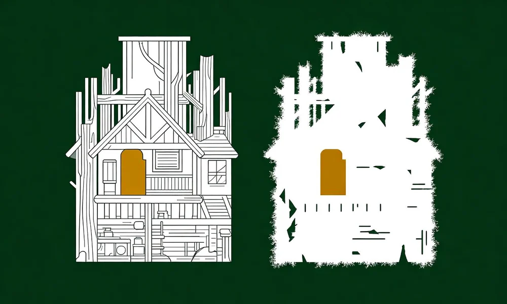 The same structure drawn twice: on the left fully detailed and intact, on the right eroded with fragments missing, illustrating how much incident evidence survives when a failure is found internally versus reported by an outsider weeks later
