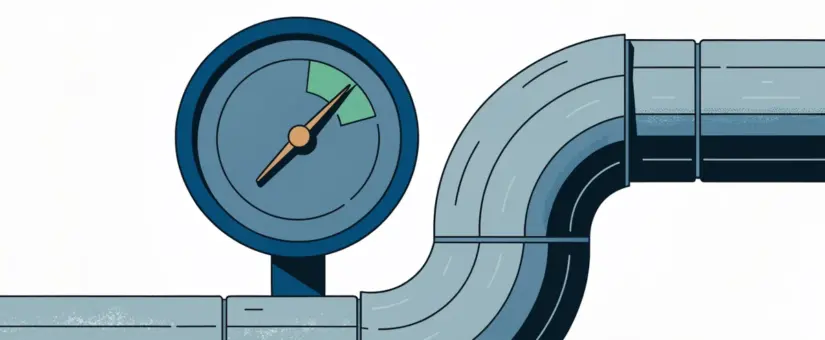 A pressure gauge on a pipeline resting calmly in the green zone while the pipe behind it bulges under strain, illustrating a load test report that reads normal while the system is close to failure