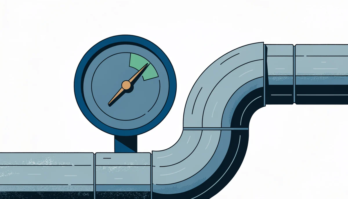 A pressure gauge on a pipeline resting calmly in the green zone while the pipe behind it bulges under strain, illustrating a load test report that reads normal while the system is close to failure