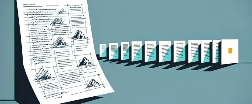 An annotated technical document beside a receding row of progressively blanker cards, showing caveats lost with each copy