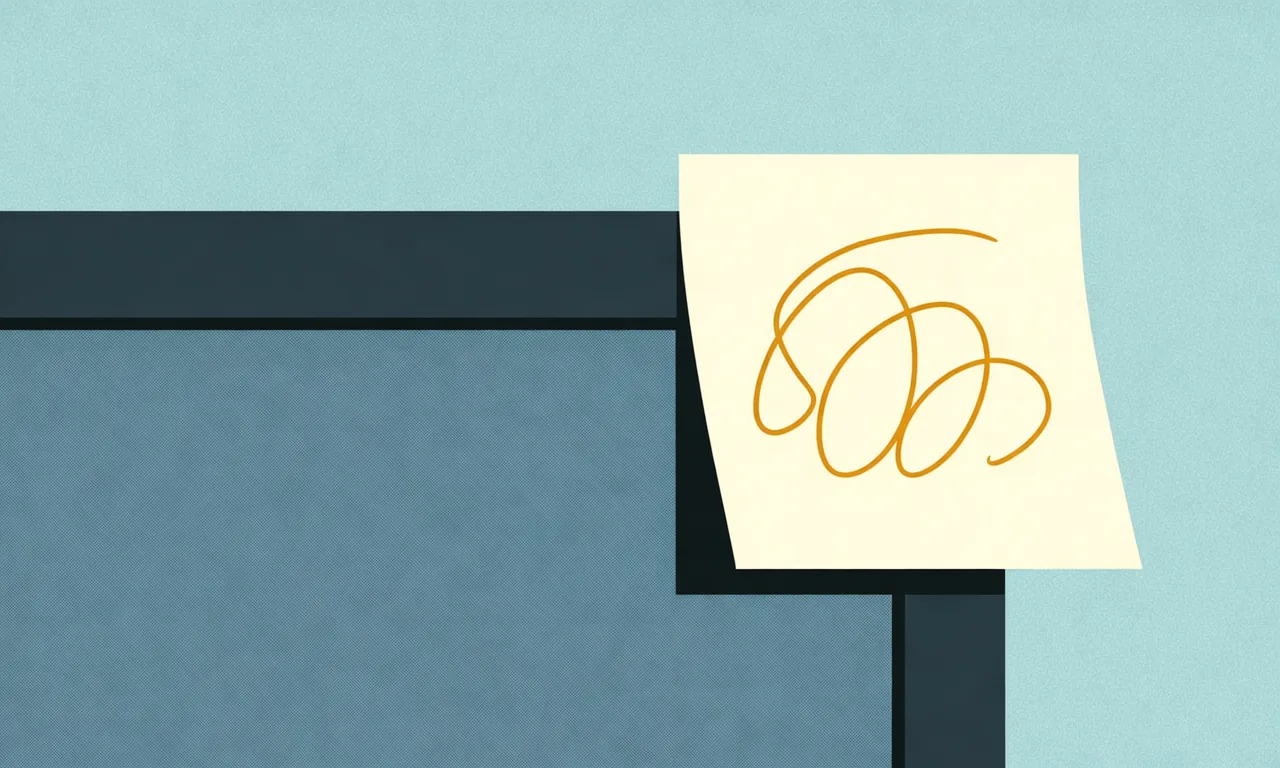 A sticky note with scribbled marks stuck to the bezel of a computer monitor