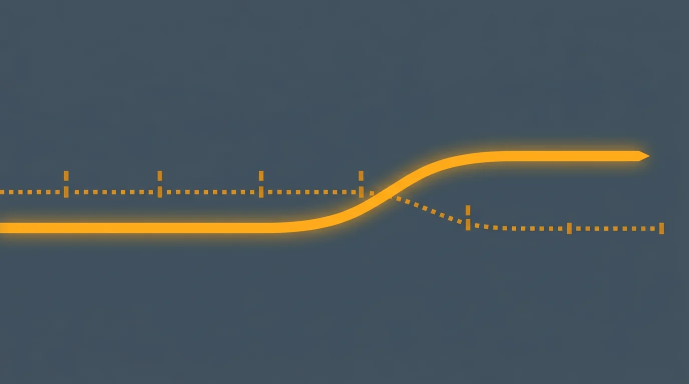 Two parallel timeline tracks, a continuous line overtaking a dotted line broken into scheduled intervals