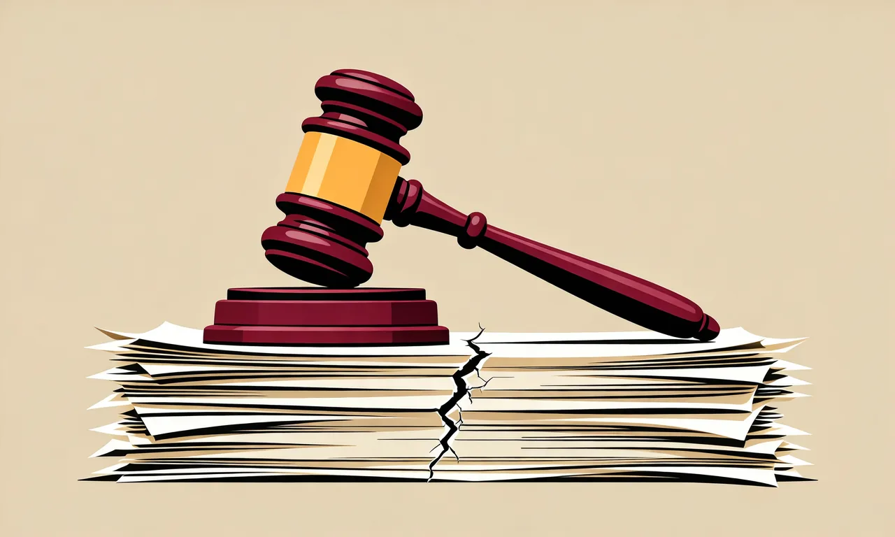A courtroom gavel resting on a cracked block made of stacked paper documents