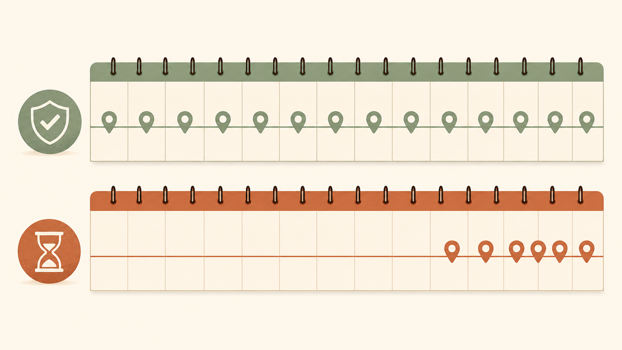 Two calendar strips, one with evidence markers spread evenly across the whole year and one with all markers crowded into the final days