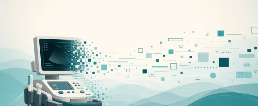 A medical imaging machine dissolving from left to right into geometric data blocks, illustrating hardware becoming software