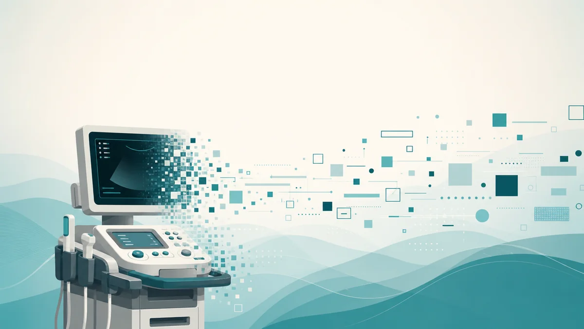 A medical imaging machine dissolving from left to right into geometric data blocks, illustrating hardware becoming software