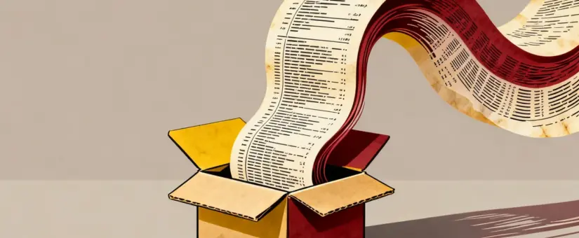 An open cardboard box with an enormous strip of legal fine print unspooling from it, illustrating software warranty disclaimers