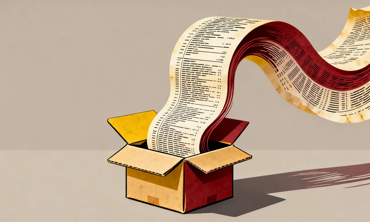 An open cardboard box with an enormous strip of legal fine print unspooling from it, illustrating software warranty disclaimers