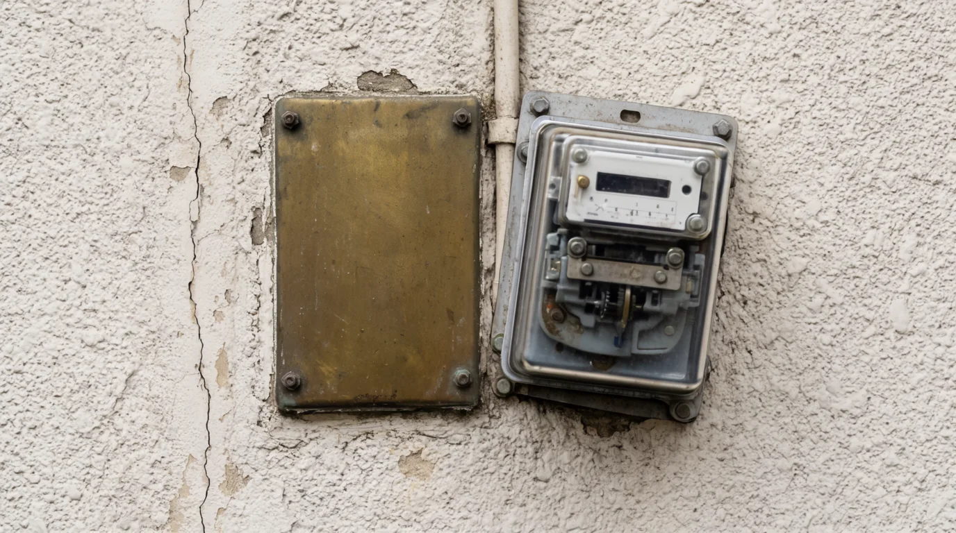 An old flat brass plate still bolted to a wall with a newer mechanical meter added beside it, both wired