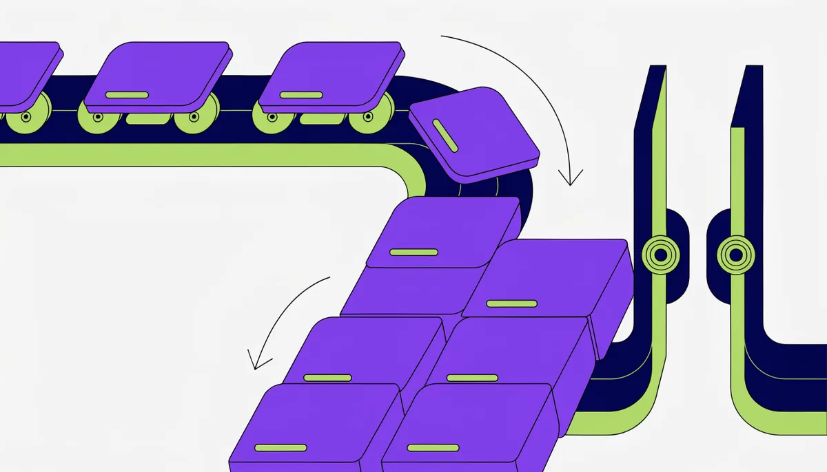 Items backing up where a fast conveyor narrows into an inspection gate, illustrating the testing bottleneck behind AI-generated code