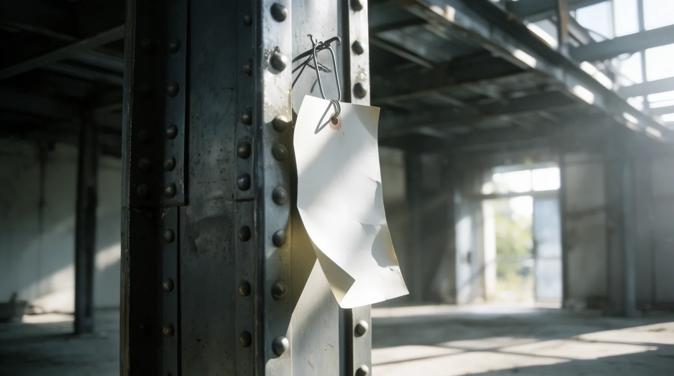 A blank paper inspection tag tied by wire to a riveted steel support column in an unfinished building