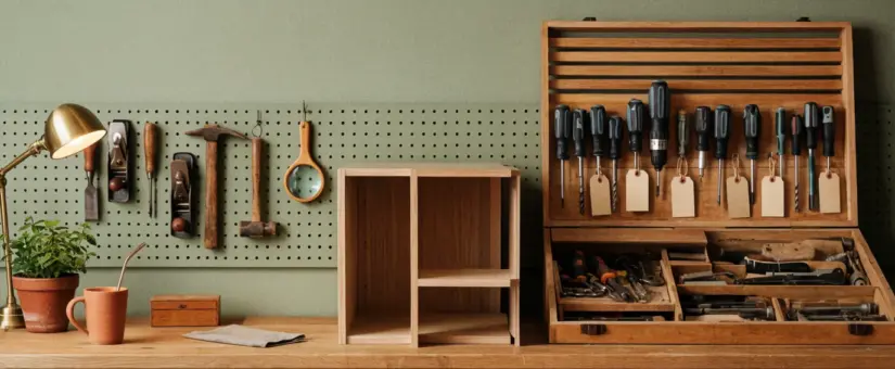 A workbench with the company's own tools on a pegboard and a specialist tool case beside a shared half-built cabinet, a metaphor for a hybrid IT team.