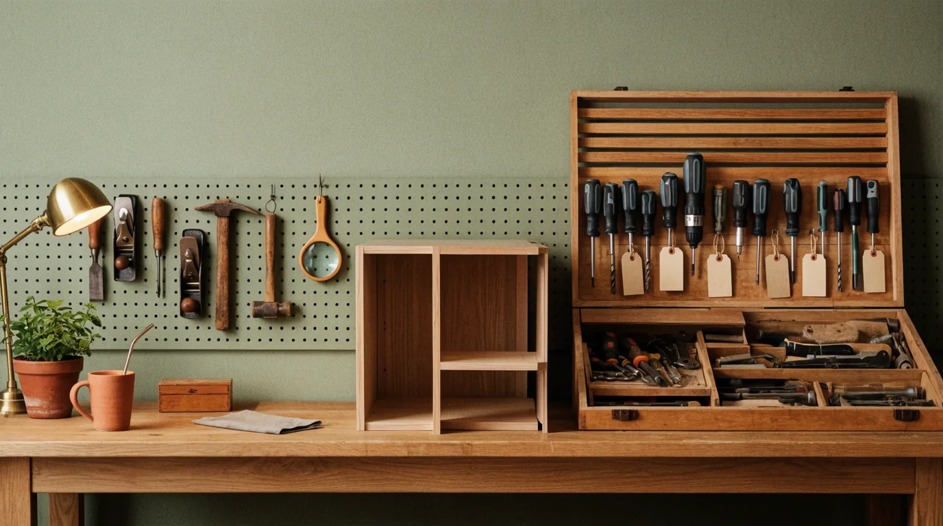 A workbench with the company's own tools on a pegboard and a specialist tool case beside a shared half-built cabinet, a metaphor for a hybrid IT team.