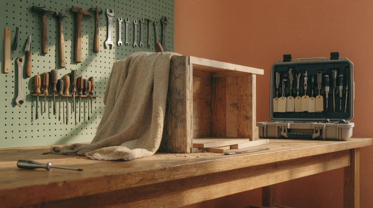 A half-built wooden box between a pegboard of in-house tools and a portable specialist toolkit, representing internal and outsourced teams working on one project.