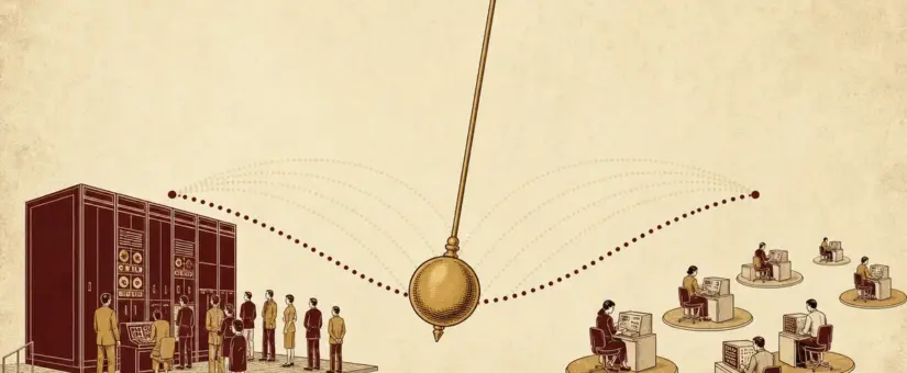A pendulum swinging between one large shared mainframe and many scattered individual workstations, with faint traces of earlier swings behind it