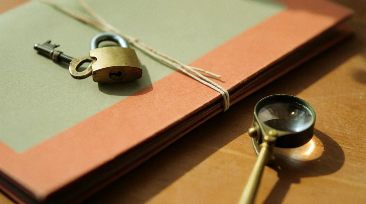 A padlock, key and magnifying loupe on a closed contract folder, representing due diligence on an IT outsourcing partner's security and terms.