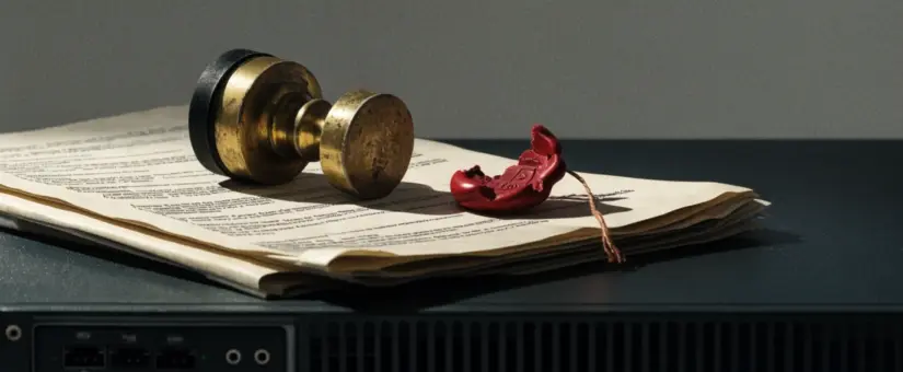 A brass stamp and a broken wax seal resting on printed legal paper on top of a rack-mounted server