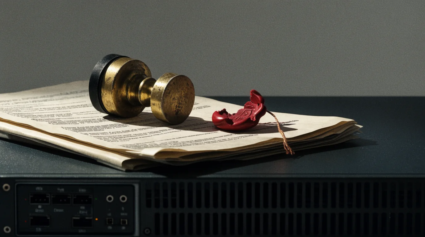 A brass stamp and a broken wax seal resting on printed legal paper on top of a rack-mounted server