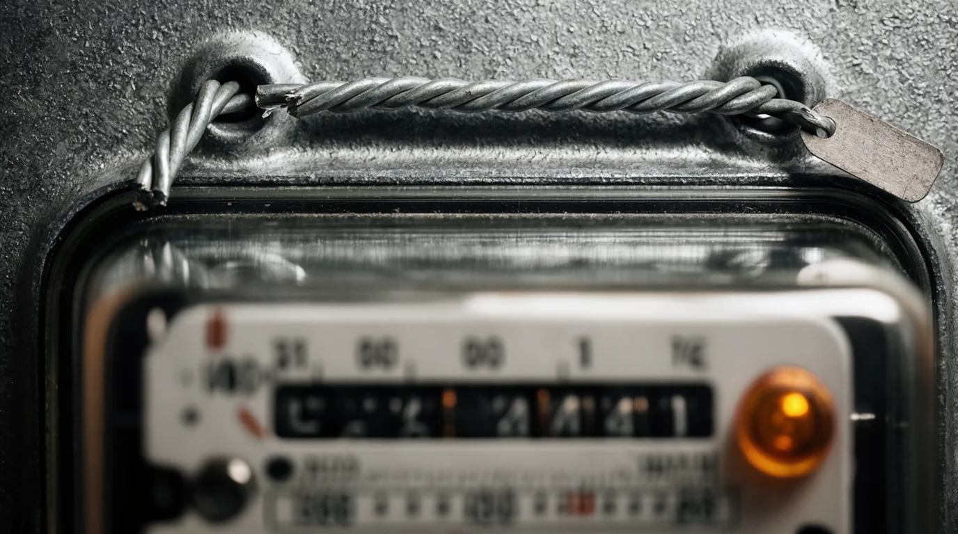 Close-up of a mechanical meter's glass cover with the wire calibration seal and its lead tag hanging loose