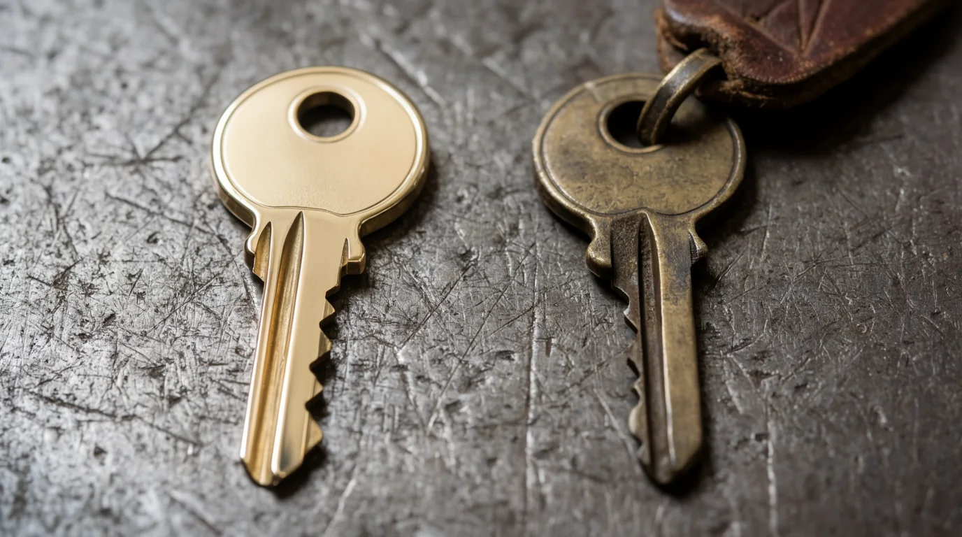 Two identical brass keys on a workshop bench, one newly cut and one worn smooth from years of use