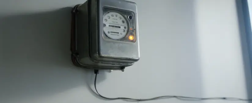An old mechanical utility meter mounted on a clean office wall where a wall clock would normally hang