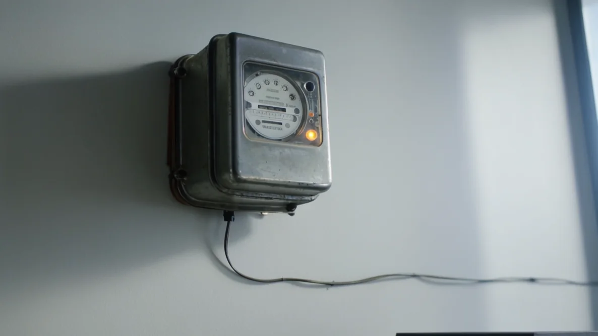 An old mechanical utility meter mounted on a clean office wall where a wall clock would normally hang