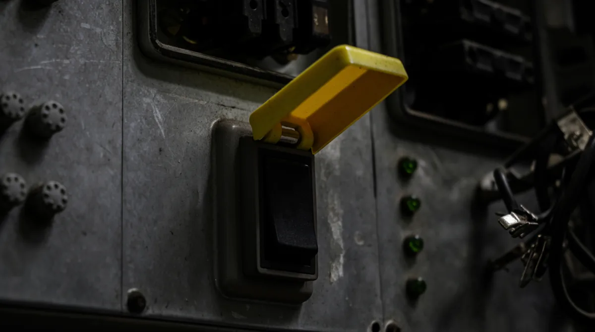 A guarded industrial switch with its safety cover lifted beside lit green indicator lamps, representing a go-live decision made after readiness checks pass.