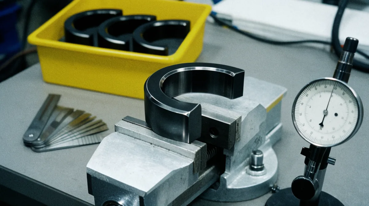 A machined part clamped in a vise next to a dial gauge, feeler gauges and a tray of parts, representing quality assurance and testing before release.