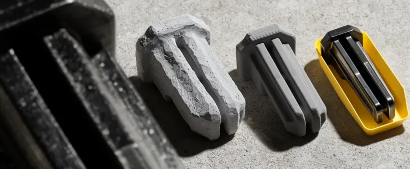 A foam model, a 3D-printed prototype and a finished machined part side by side, a metaphor for software moving from prototype to production.