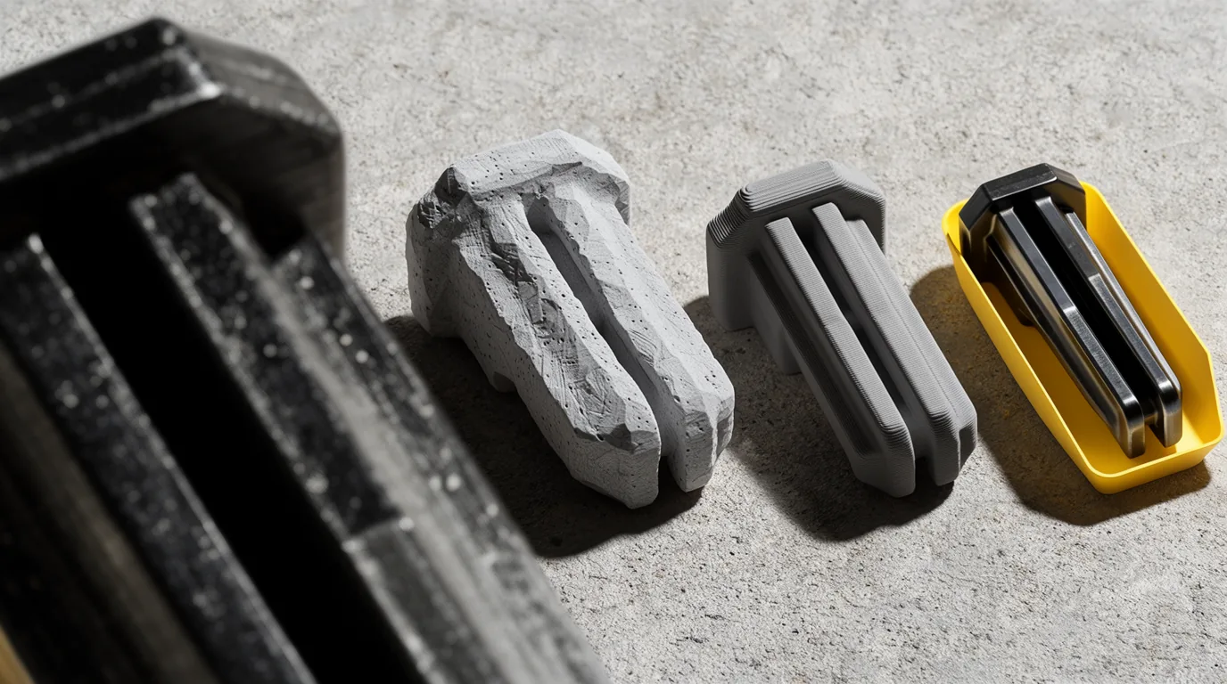 A foam model, a 3D-printed prototype and a finished machined part side by side, a metaphor for software moving from prototype to production.