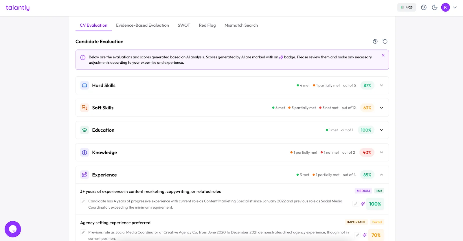 Talantly.ai candidate evaluation with scores for hard skills, soft skills, education, knowledge and experience