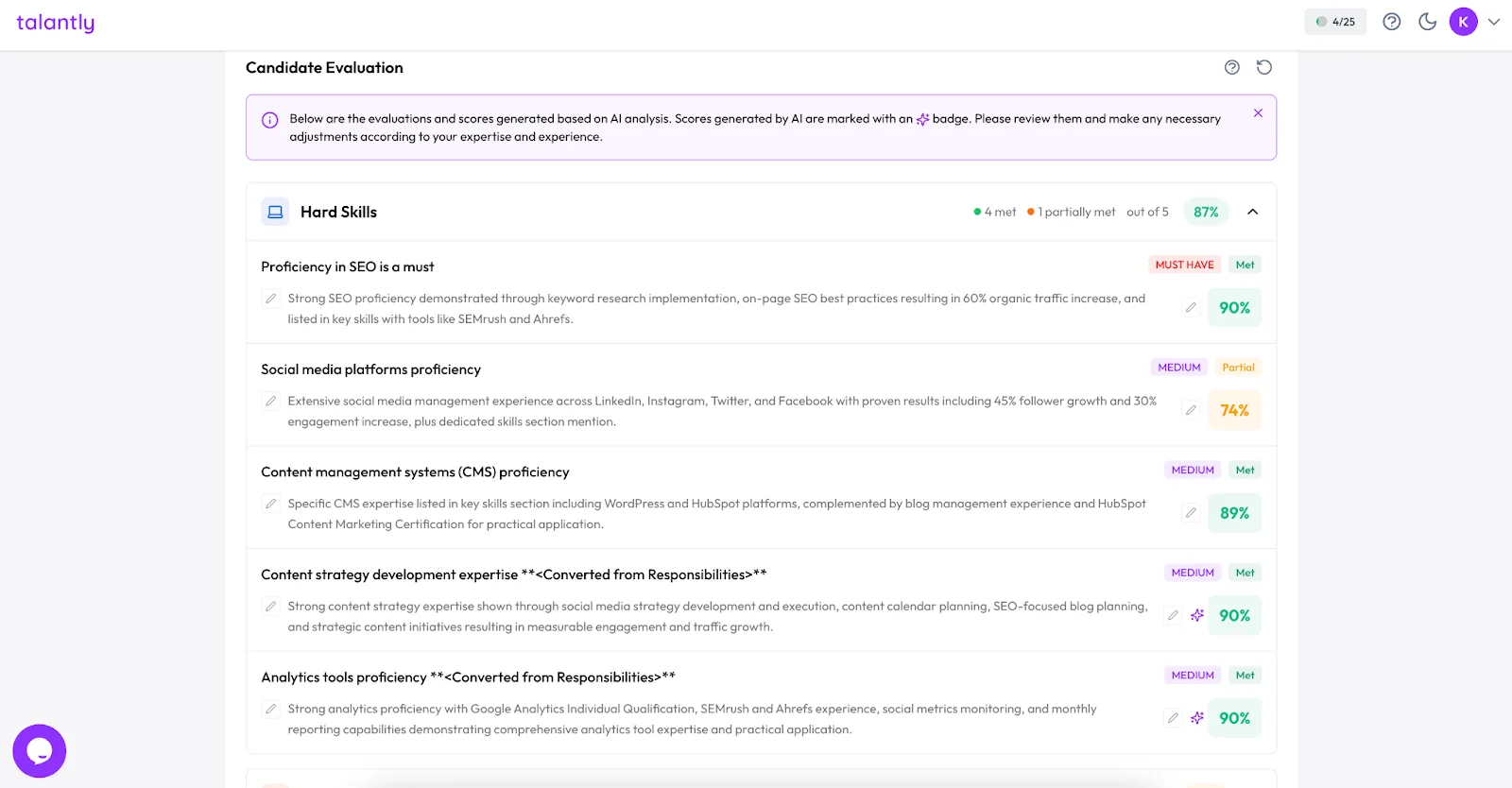 Talantly.ai skills evaluation where each score is explained with evidence from the CV