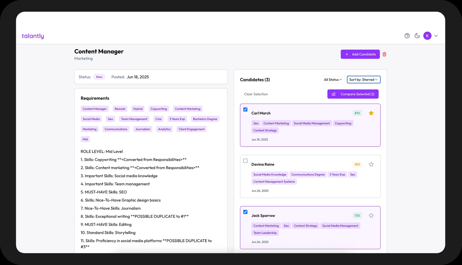 Talantly.ai vacancy screen with AI-extracted requirements and a ranked candidate list