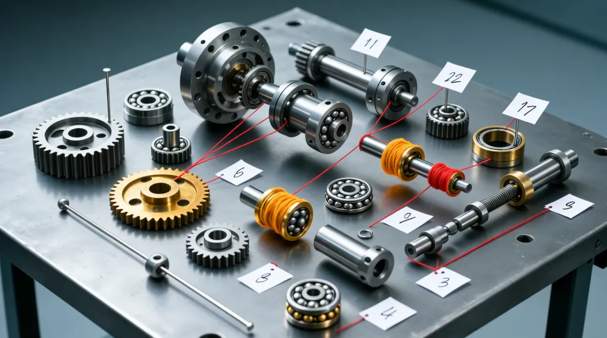 A cutaway mechanical assembly laid out on a workbench with parts tagged by numbered labels and connected by thin colored threads, representing application dependency mapping before a cloud migration.