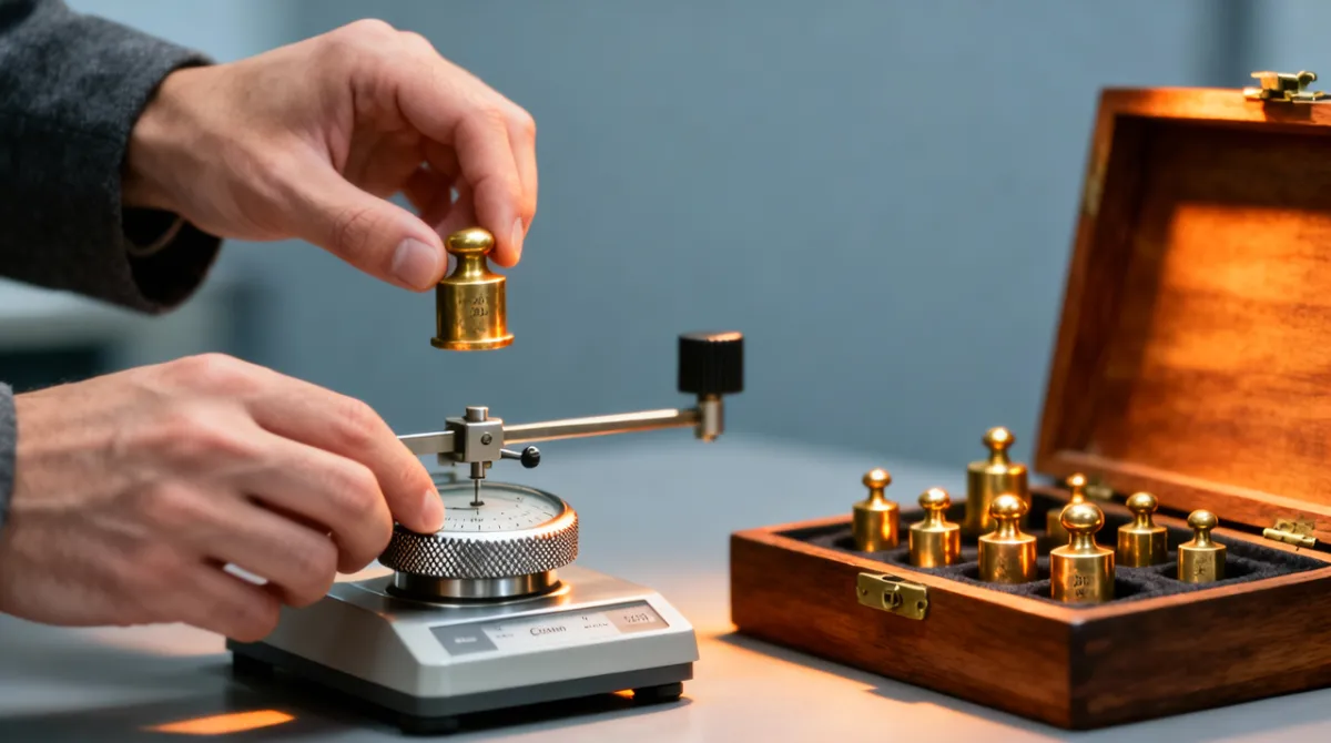 A technician's hands placing a brass calibration weight on a precision balance next to an open case of weights, representing ongoing rightsizing and cost tuning after cloud migration.