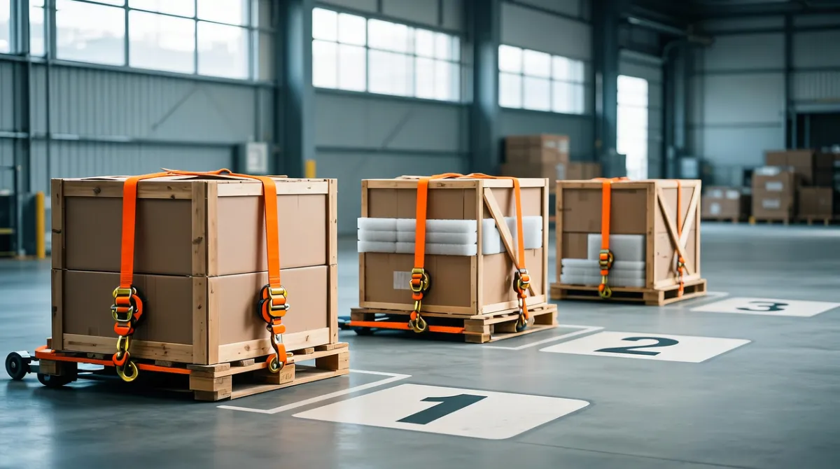Rows of labeled wooden crates staged on numbered pallets in a warehouse, the first row already strapped and moved forward, representing a cloud migration carried out in planned waves.