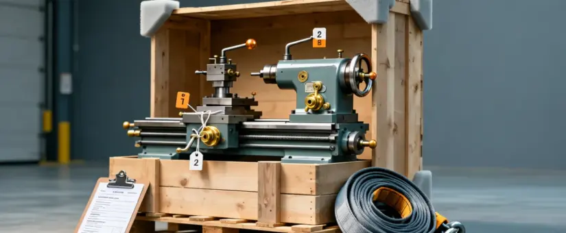 An industrial machine being carefully crated on a pallet with numbered tags and bracing, representing a planned, step-by-step cloud migration.