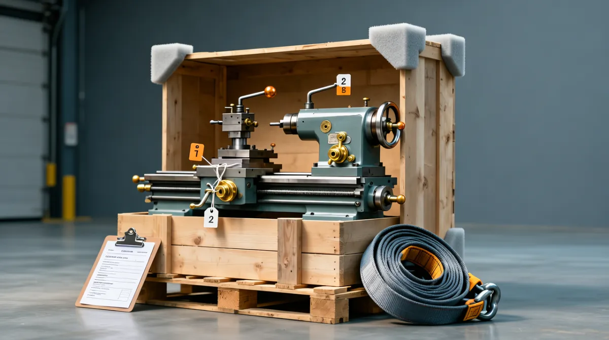 An industrial machine being carefully crated on a pallet with numbered tags and bracing, representing a planned, step-by-step cloud migration.