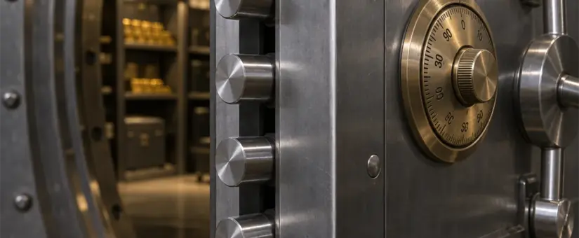 The edge of a steel vault door with a row of locking bolts and a brass dial, representing layered data security controls that protect business data together.