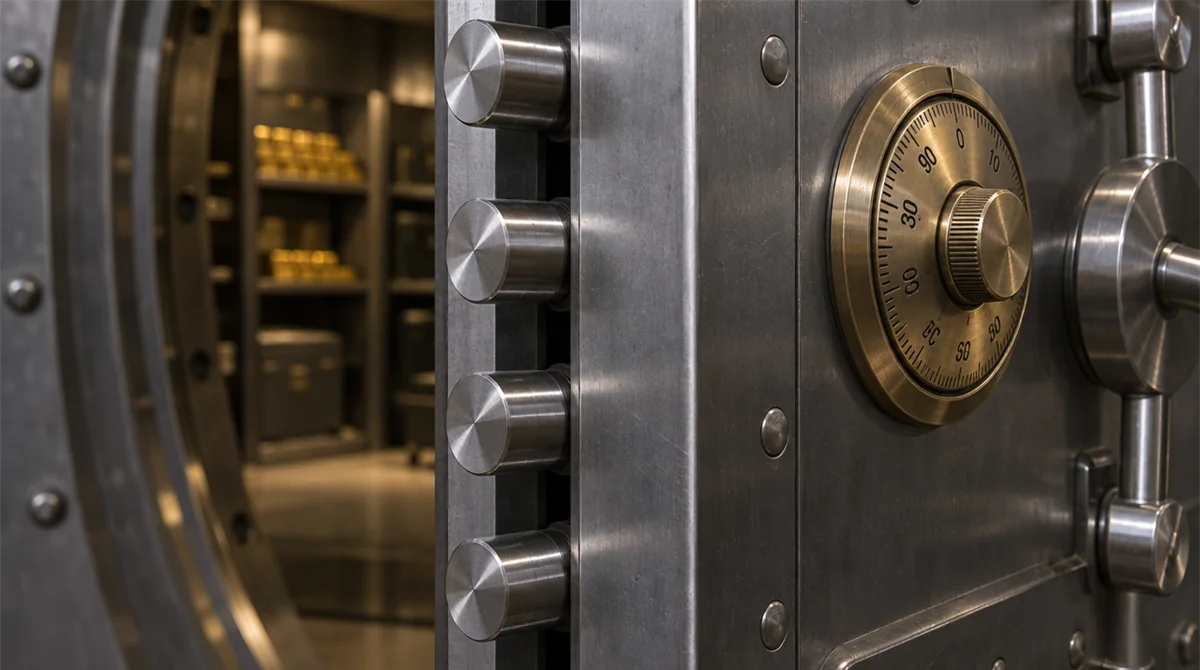 The edge of a steel vault door with a row of locking bolts and a brass dial, representing layered data security controls that protect business data together.