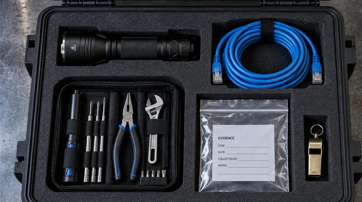 An open equipment case with a flashlight, network cable, tools, an evidence bag and a whistle laid out in foam cut-outs, representing an incident response plan prepared before an incident happens.
