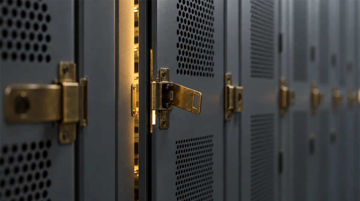 A row of closed steel cabinet latches with one left open and its door slightly ajar, representing a single cloud misconfiguration that exposes data.