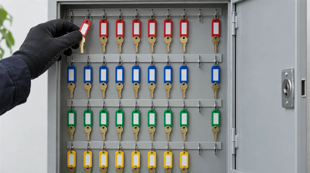 An open key cabinet with brass keys grouped by tag colour and a gloved hand taking a single key, representing role-based access control where each role gets only the keys it needs.