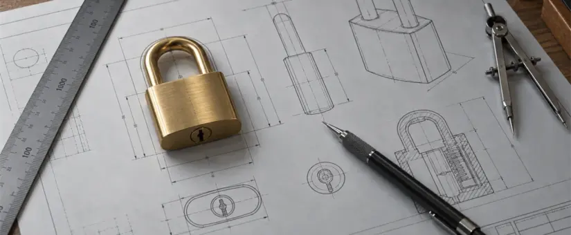 A brass padlock placed precisely on its drawn outline on an architectural blueprint, representing privacy by design built into software from the start.