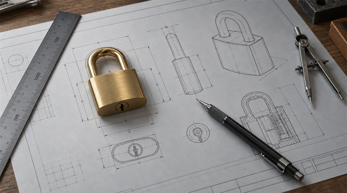A brass padlock placed precisely on its drawn outline on an architectural blueprint, representing privacy by design built into software from the start.