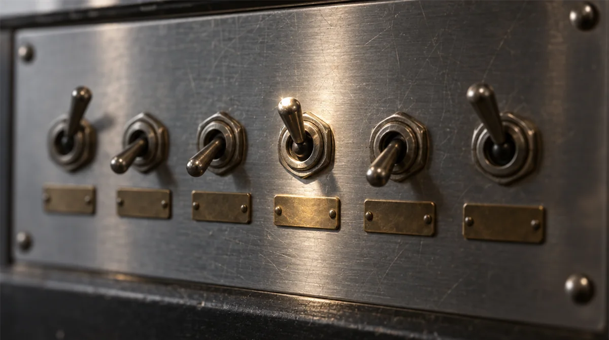 A row of independent metal toggle switches on a steel panel, some up and some down, representing granular consent choices users can change at any time.