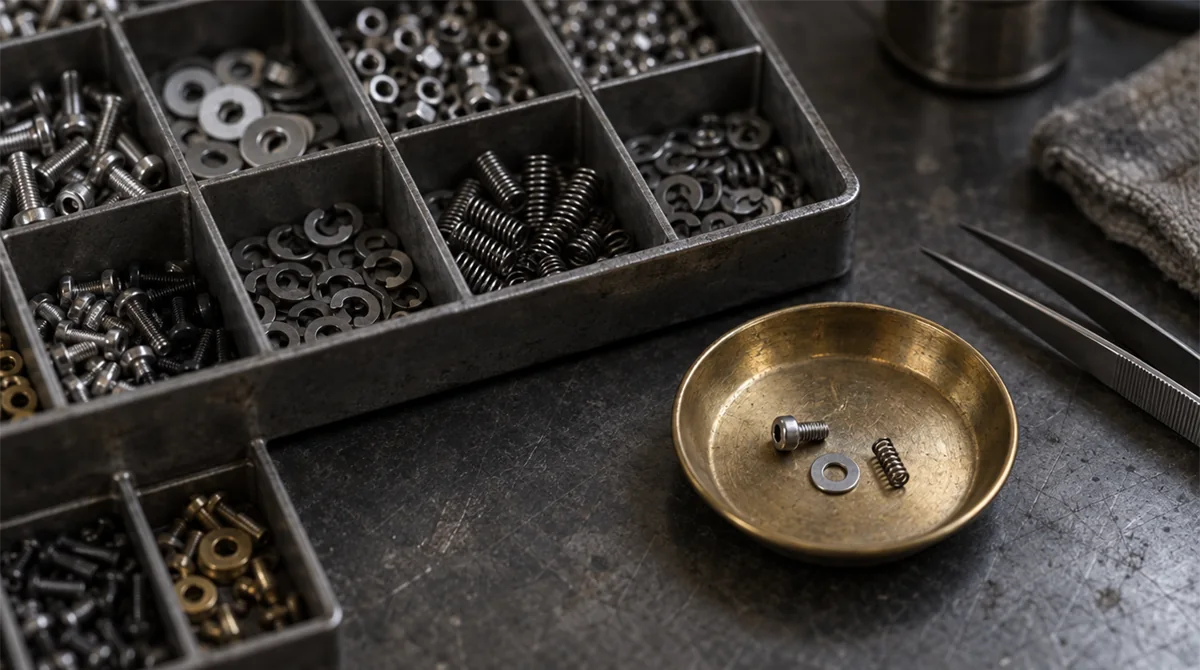Tweezers placing only three selected parts into a brass dish beside a full parts organizer, representing data minimization: collecting only the data a feature needs.