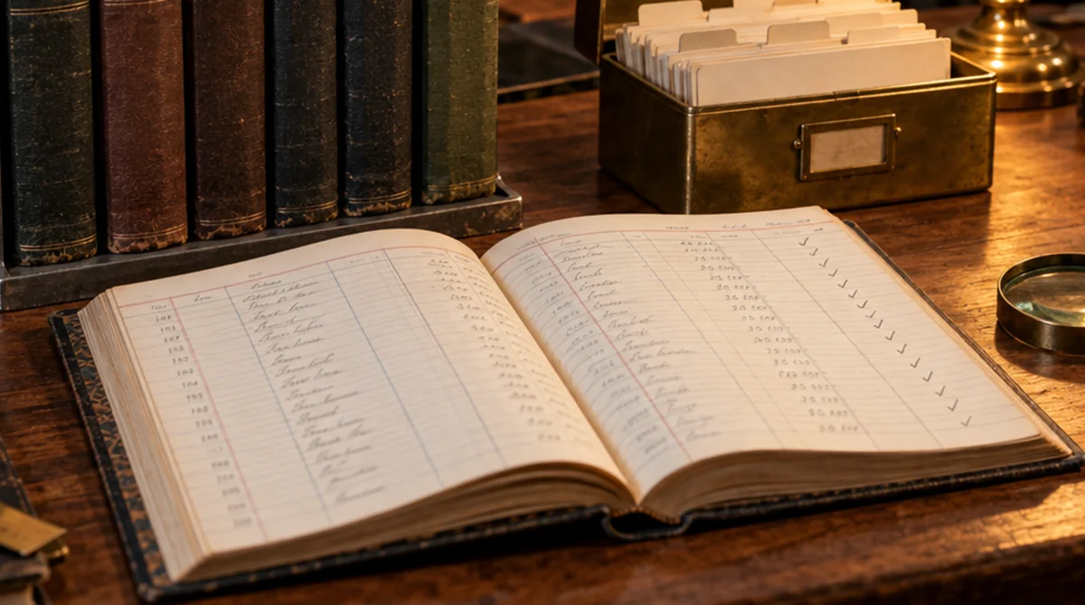 An open ledger with ruled columns and a row of ticks beside a brass index card box, representing records of processing and audit-ready GDPR documentation.