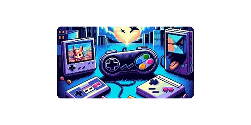 Illustration of retro game consoles and controllers
